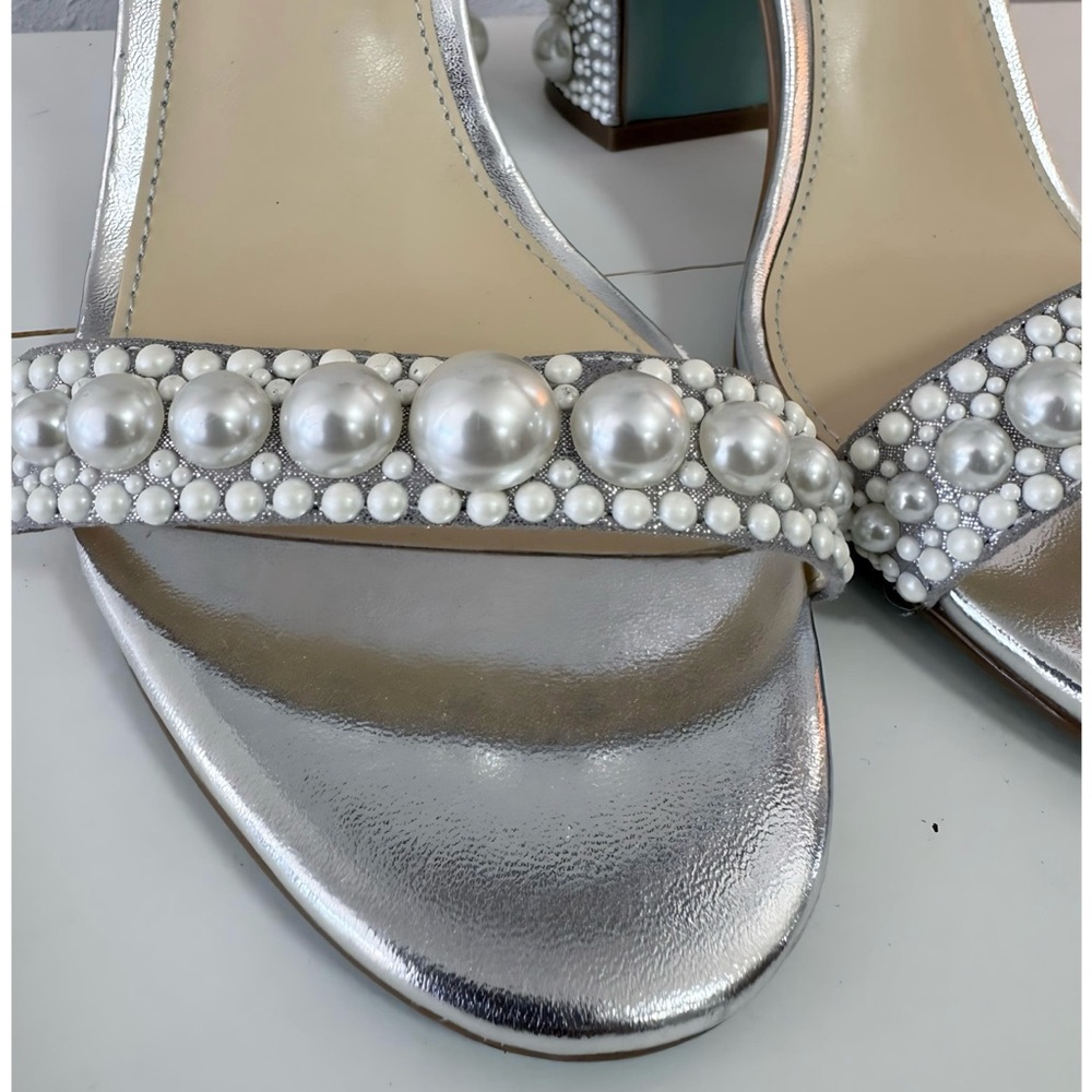 Betsey Johnson Silver Strappy Heels with Pearl Details - Picture 2 of 7